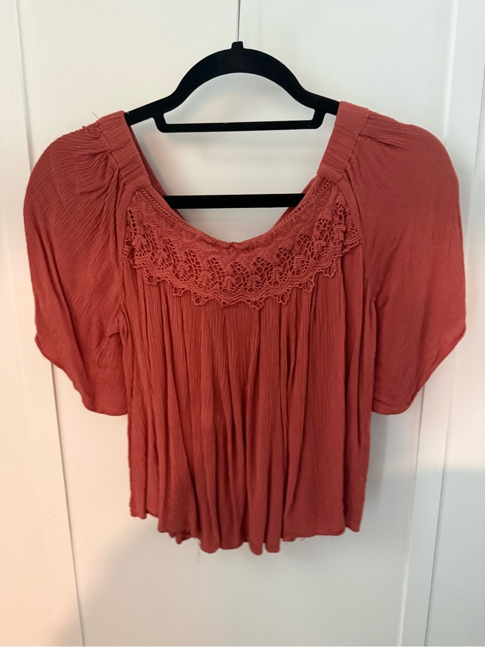 Sequin Hearts Crochet Yoke Short Sleeve Top - Rusty Coral